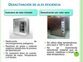  Destrucción de
microorganismos patógenos
 Residuos de grasa y material
orgánico obstaculiza el proceso
de desinfección
 Es necesario tener en cuenta:
presión de vapor, Temperatura
y el tiempo.
 Se utiliza altas temperaturas,
aire seco a 180°C por 2h.
 No se recomienda
desinfectar material que se
queme, volatilicen o licuen a
esta temperatura.
Autoclave de calor húmedo Desactivación por calor seco
DESACTIVACIÓN DE ALTA EFICIENCIA
 