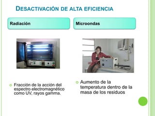  Fracción de la acción del
espectro electromagnético
como UV, rayos gamma.
 Aumento de la
temperatura dentro de la
masa de los residuos
Radiación Microondas
DESACTIVACIÓN DE ALTA EFICIENCIA
 
