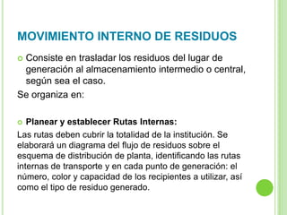 MOVIMIENTO INTERNO DE RESIDUOS
 Consiste en trasladar los residuos del lugar de
generación al almacenamiento intermedio o central,
según sea el caso.
Se organiza en:
 Planear y establecer Rutas Internas:
Las rutas deben cubrir la totalidad de la institución. Se
elaborará un diagrama del flujo de residuos sobre el
esquema de distribución de planta, identificando las rutas
internas de transporte y en cada punto de generación: el
número, color y capacidad de los recipientes a utilizar, así
como el tipo de residuo generado.
 