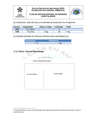 Servicio Nacional de Aprendizaje SENA
                           TECNOLOGO EN CONTROL AMBIENTAL

       CAUCA            PLAN DE GESTION INTEGRAL DE RESIDUOS
       CENTRO
    AGROPECUARIO                   HOSPITALARIOS


Su recolección cada dos días y el estimado de producción es el siguiente:

Caneca         Capacidad                Peso x 2 días         % llenado          Total
  EA5            1.8 Litros 5                                       0
  EA6             10 Litros                    2 Kg                50            1 Kg

La cantidad estimada de residuos ordinarios para odontología son:

                   Ordinarios                         Peligrosos
                             1 K                               - kg



11.3.1 Plano General Odontología




5
 El guardián debido a que no hay actividades que impliquen generación de este tipo de residuo se llena 1
semestralmente.
 