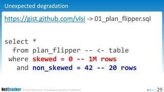 29© 2016 NetCracker Technology Corporation Confidential
Unexpected degradation
https://gist.github.com/vlsi -> 01_plan_flipper.sql
select *
from plan_flipper -- <- table
where skewed = 0 -- 1M rows
and non_skewed = 42 -- 20 rows
 