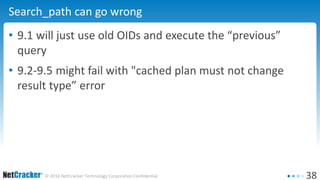 38© 2016 NetCracker Technology Corporation Confidential
Search_path can go wrong
• 9.1 will just use old OIDs and execute the “previous”
query
• 9.2-9.5 might fail with "cached plan must not change
result type” error
 