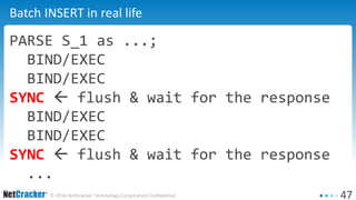 47© 2016 NetCracker Technology Corporation Confidential
Batch INSERT in real life
PARSE S_1 as ...;
BIND/EXEC
BIND/EXEC
SYNC  flush & wait for the response
BIND/EXEC
BIND/EXEC
SYNC  flush & wait for the response
...
 