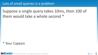 5© 2016 NetCracker Technology Corporation Confidential
Lots of small queries is a problem
Suppose a single query takes 10ms, then 100 of
them would take a whole second *
* Your Captain
 