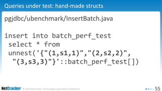 55© 2016 NetCracker Technology Corporation Confidential
Queries under test: hand-made structs
pgjdbc/ubenchmark/InsertBatch.java
insert into batch_perf_test
select * from
unnest('{"(1,s1,1)","(2,s2,2)",
"(3,s3,3)"}'::batch_perf_test[])
 