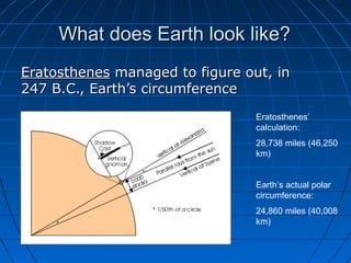 What does Earth look like?What does Earth look like?
EratosthenesEratosthenes managed to figure out, inmanaged to figure o...