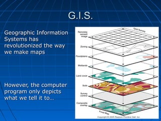 G.I.S.G.I.S.
Geographic InformationGeographic Information
Systems hasSystems has
revolutionized the wayrevolutionized the way
we make mapswe make maps
However, the computerHowever, the computer
program only depictsprogram only depicts
what we tell it to…what we tell it to…
 
