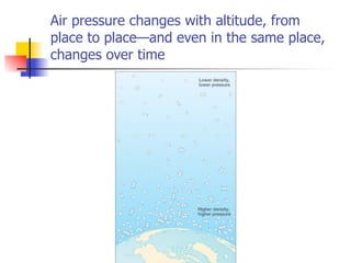 Air pressure changes with altitude, from
place to place—and even in the same place,
changes over time
 