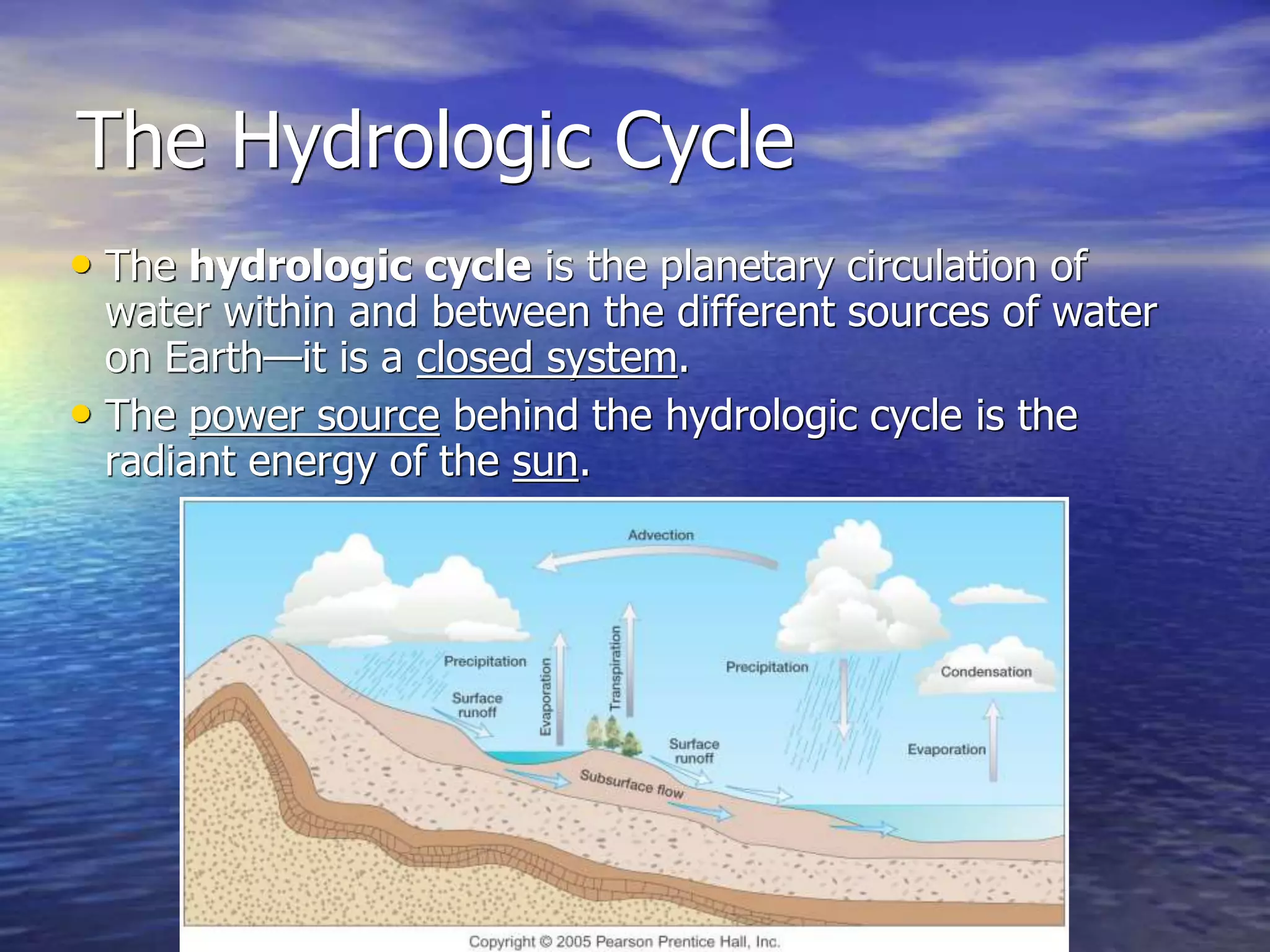 The Hydrologic Cycle
• The hydrologic cycle is the planetary circulation of
water within and between the different sources of water
on Earth—it is a closed system.
• The power source behind the hydrologic cycle is the
radiant energy of the sun.
 