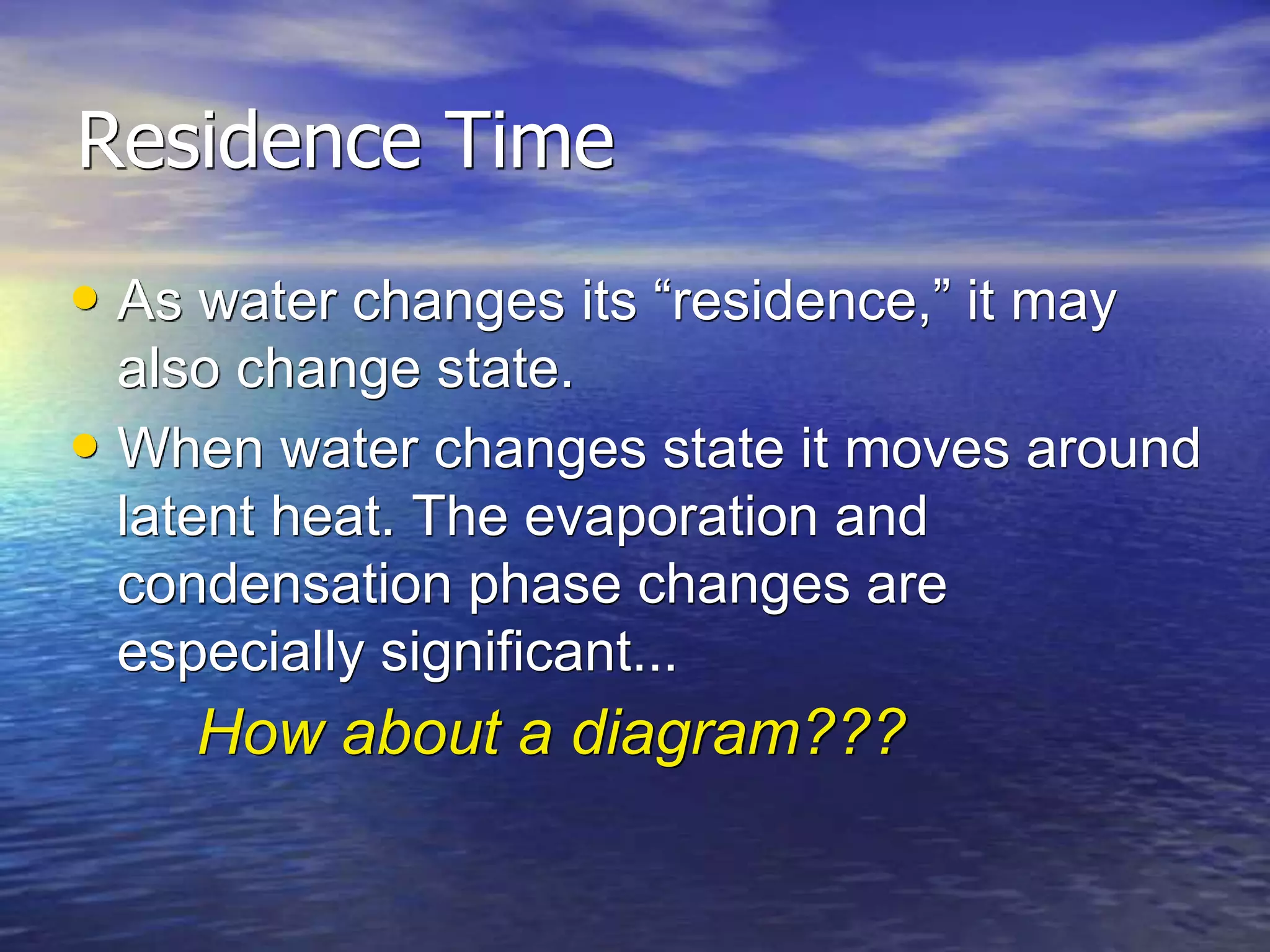 Residence Time
• As water changes its “residence,” it may
also change state.
• When water changes state it moves around
latent heat. The evaporation and
condensation phase changes are
especially significant...
How about a diagram???
 