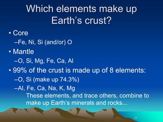 Which elements make up
Earth’s crust?
• Core
–Fe, Ni, Si (and/or) O
• Mantle
–O, Si, Mg, Fe, Ca, Al
• 99% of the crust is made up of 8 elements:
–O, Si (make up 74.3%)
–Al, Fe, Ca, Na, K, Mg
10
These elements, and trace others, combine to
make up Earth’s minerals and rocks...
 
