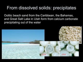From dissolved solids: precipitates
Oolitic beach sand from the Caribbean, the Bahamas,
and Great Salt Lake in Utah form from calcium carbonate
precipitating out of the water
 