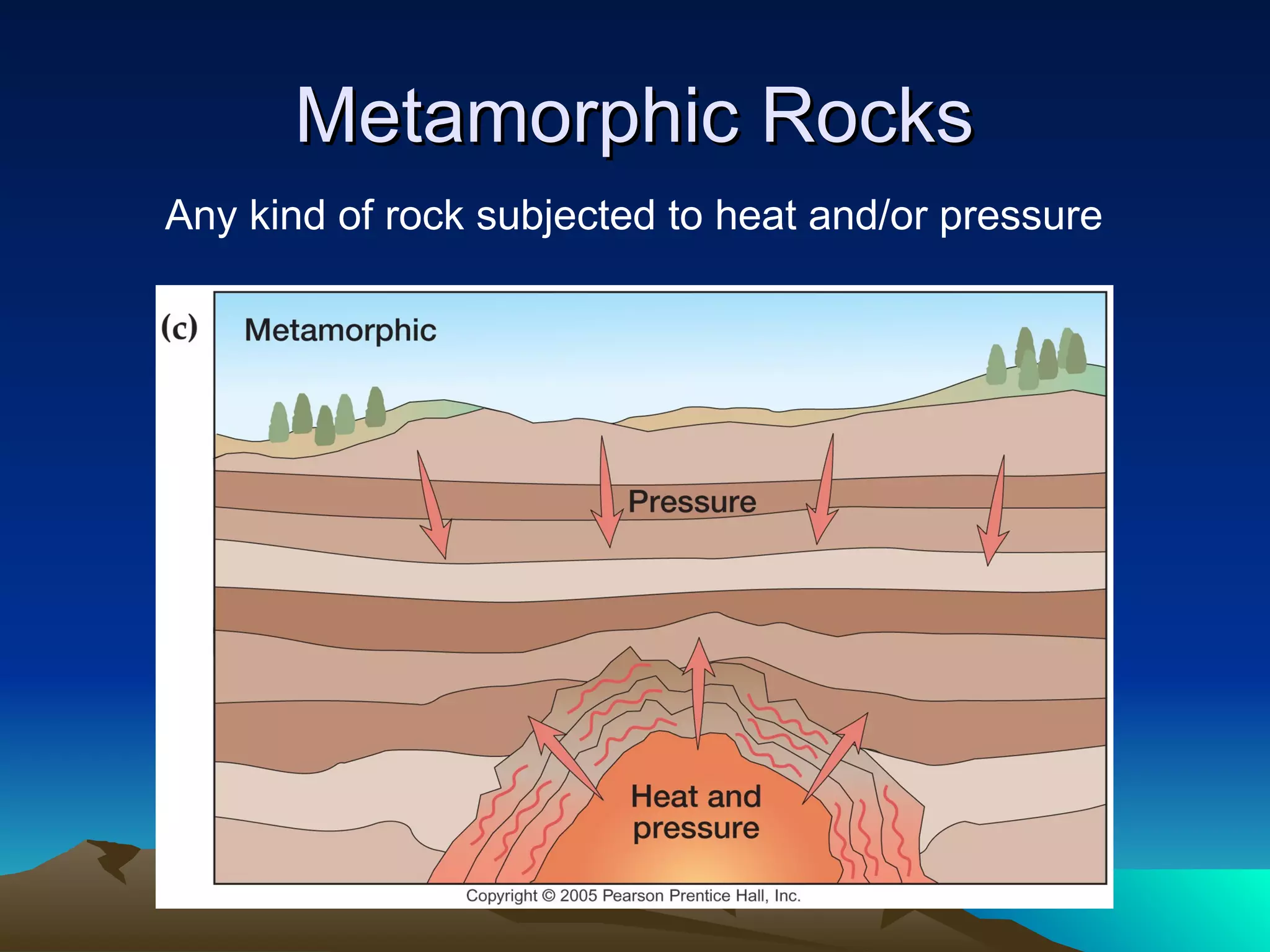 Metamorphic RocksMetamorphic Rocks
Any kind of rock subjected to heat and/or pressure
 