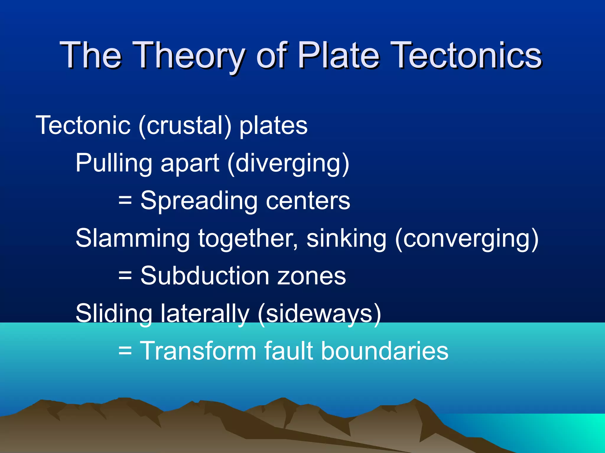 The Theory of Plate TectonicsThe Theory of Plate Tectonics
Tectonic (crustal) plates
Pulling apart (diverging)
= Spreading centers
Slamming together, sinking (converging)
= Subduction zones
Sliding laterally (sideways)
= Transform fault boundaries
 