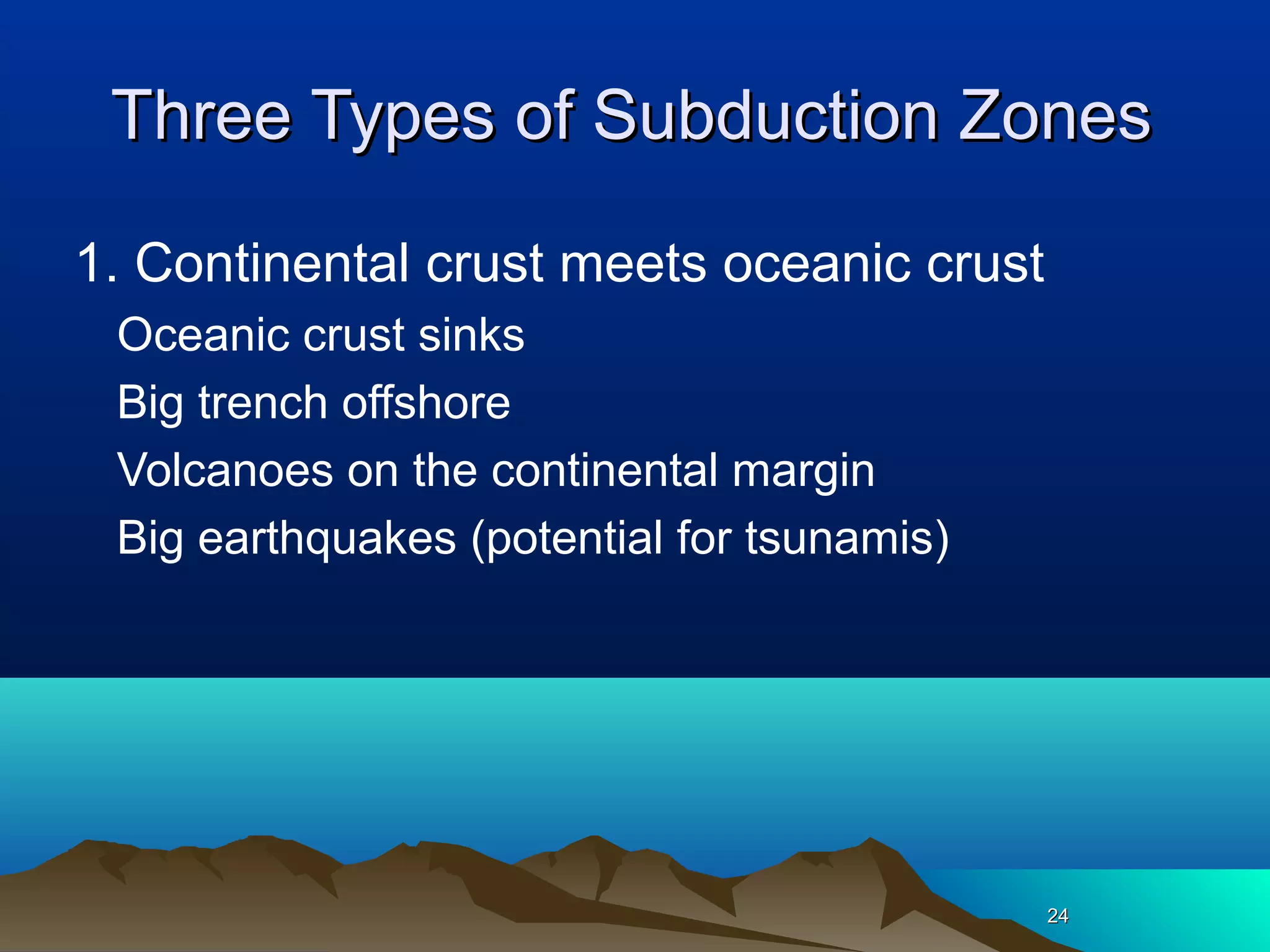 2424
Three Types of Subduction ZonesThree Types of Subduction Zones
1. Continental crust meets oceanic crust
Oceanic crust sinks
Big trench offshore
Volcanoes on the continental margin
Big earthquakes (potential for tsunamis)
 