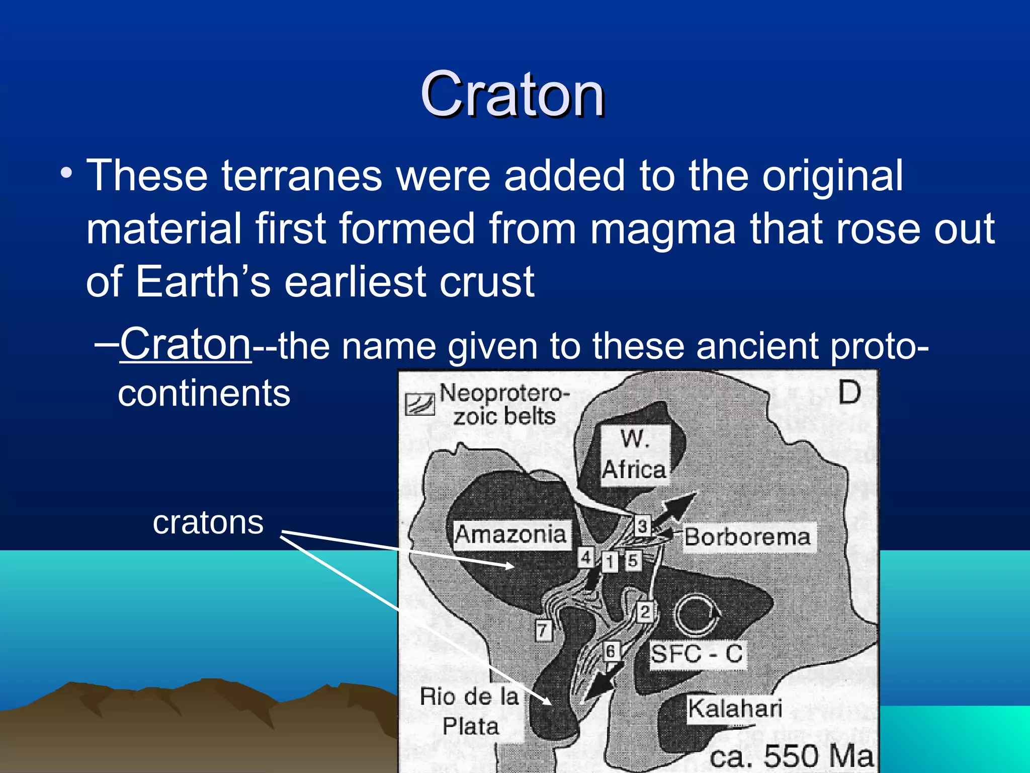 4040
CratonCraton
• These terranes were added to the original
material first formed from magma that rose out
of Earth’s earliest crust
–Craton--the name given to these ancient proto-
continents
4040
cratons
 
