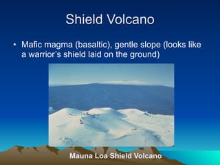 Shield Volcano
• Mafic magma (basaltic), gentle slope (looks like
  a warrior’s shield laid on the ground)




              Mauna Loa Shield Volcano
 