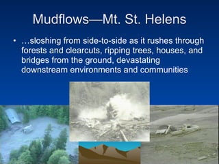 Mudflows—Mt. St. Helens
• …sloshing from side-to-side as it rushes through
  forests and clearcuts, ripping trees, houses, and
  bridges from the ground, devastating
  downstream environments and communities
 