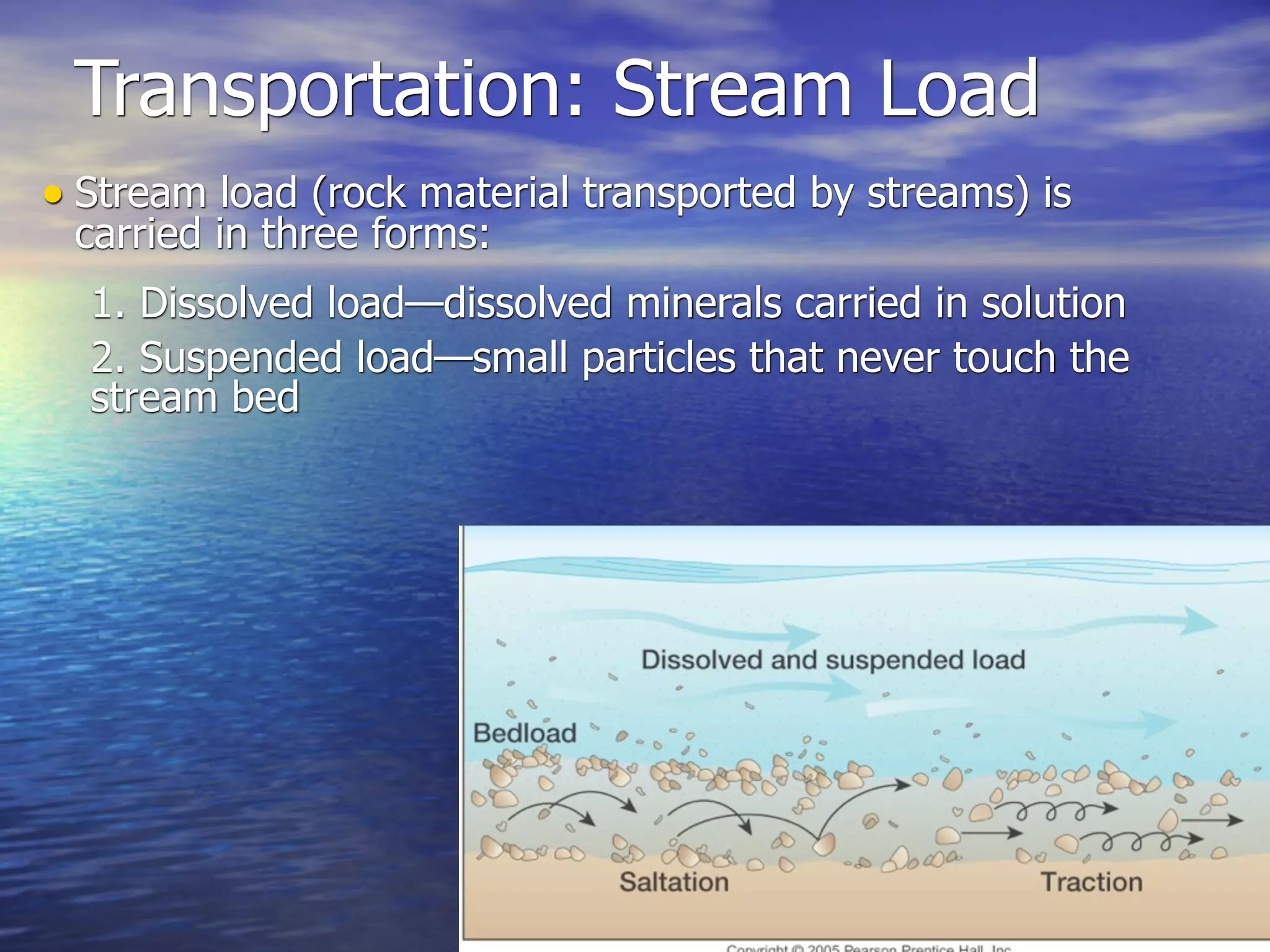 Transportation: Stream Load
• Stream load (rock material transported by streams) is
 carried in three forms:
  1. Dissolved load—dissolved minerals carried in solution
  2. Suspended load—small particles that never touch the
  stream bed
 