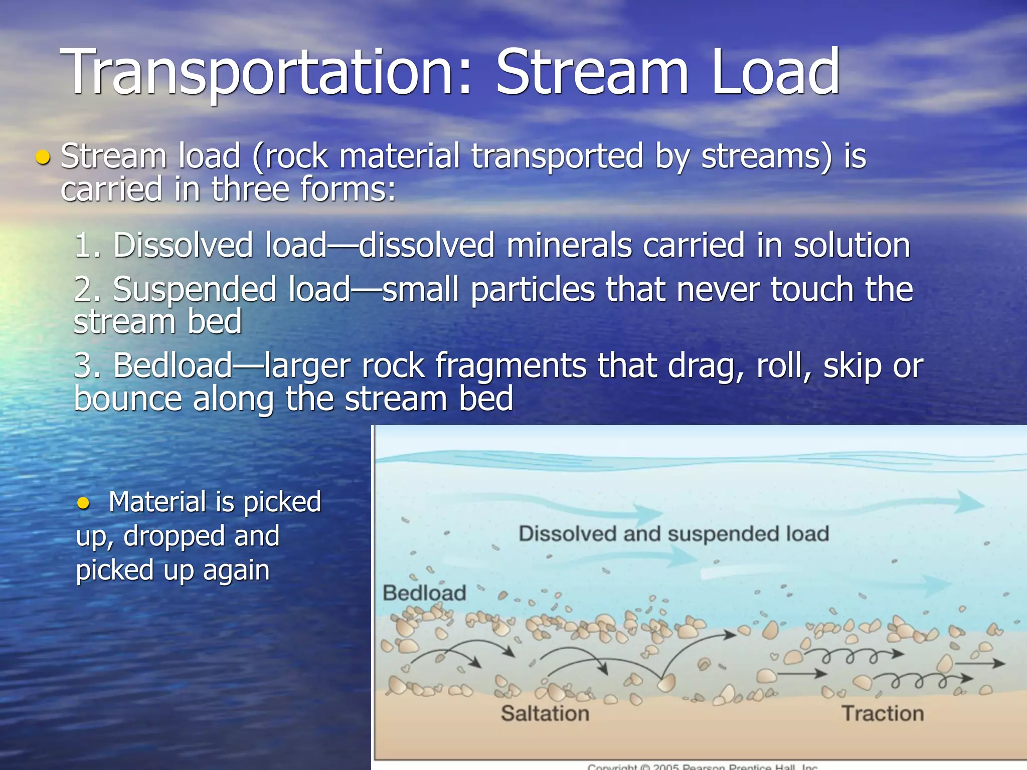 Transportation: Stream Load
• Stream load (rock material transported by streams) is
 carried in three forms:
  1. Dissolved load—dissolved minerals carried in solution
  2. Suspended load—small particles that never touch the
  stream bed
  3. Bedload—larger rock fragments that drag, roll, skip or
  bounce along the stream bed


  • Material is picked
  up, dropped and
  picked up again
 