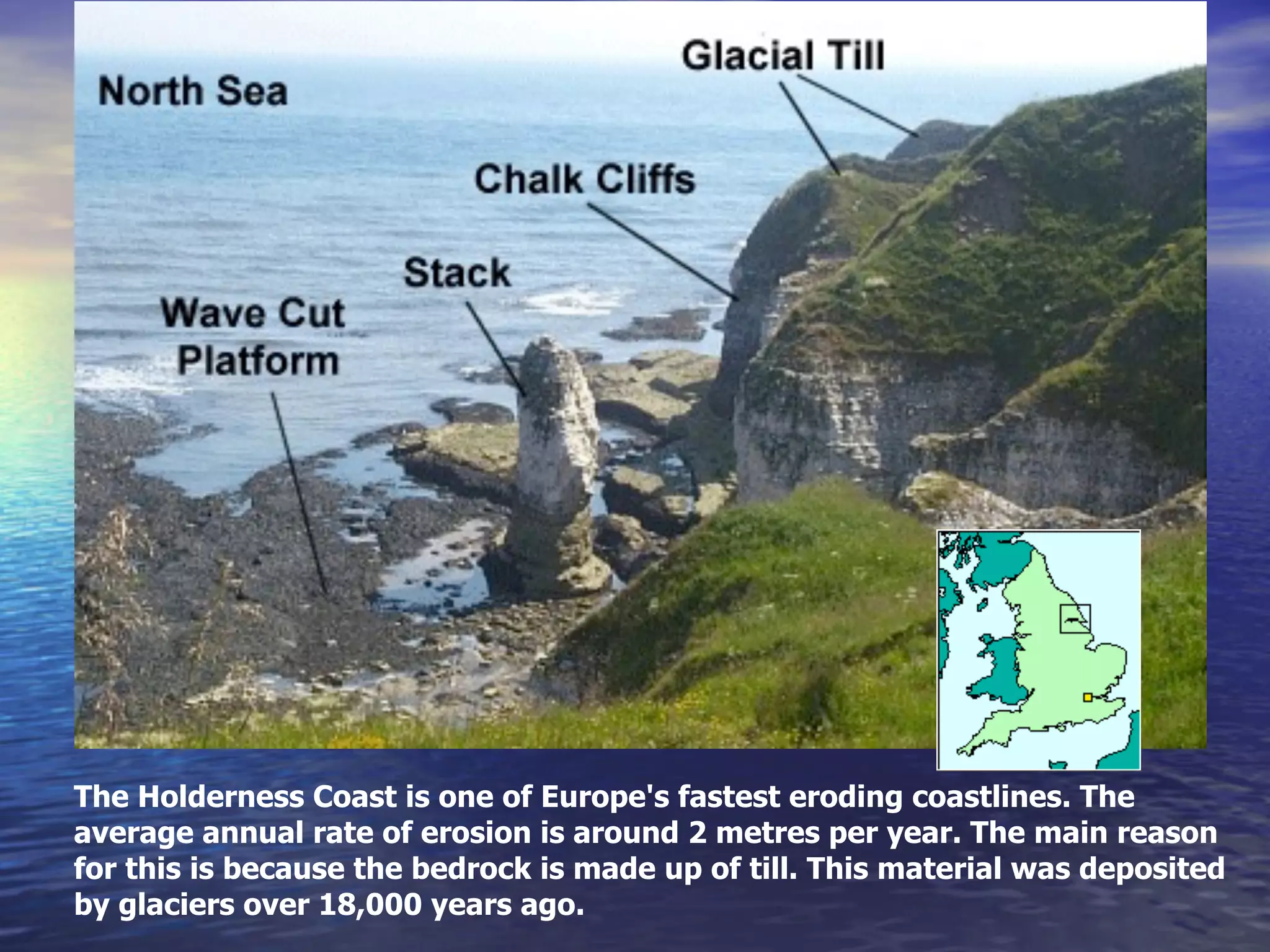 The Holderness Coast is one of Europe's fastest eroding coastlines. The
average annual rate of erosion is around 2 metres per year. The main reason
for this is because the bedrock is made up of till. This material was deposited
by glaciers over 18,000 years ago.
 