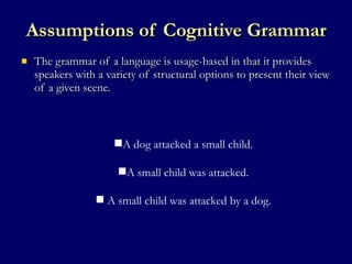 Assumptions of Cognitive Grammar The grammar of a language is usage-based in that it provides speakers with a variety of structural options to present their view of a given scene. A dog attacked a small child. A small child was attacked. A small child was attacked by a dog. 