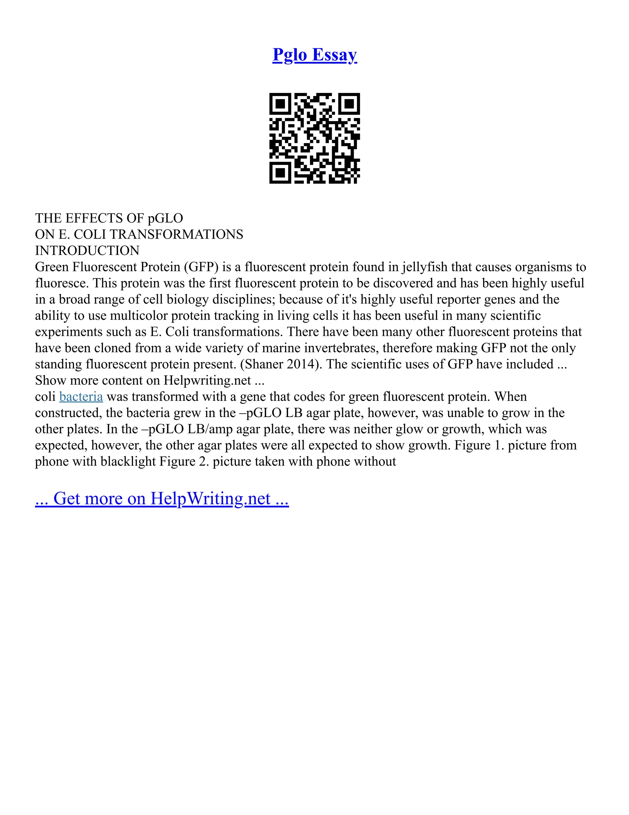 Pglo Essay
THE EFFECTS OF pGLO
ON E. COLI TRANSFORMATIONS
INTRODUCTION
Green Fluorescent Protein (GFP) is a fluorescent protein found in jellyfish that causes organisms to
fluoresce. This protein was the first fluorescent protein to be discovered and has been highly useful
in a broad range of cell biology disciplines; because of it's highly useful reporter genes and the
ability to use multicolor protein tracking in living cells it has been useful in many scientific
experiments such as E. Coli transformations. There have been many other fluorescent proteins that
have been cloned from a wide variety of marine invertebrates, therefore making GFP not the only
standing fluorescent protein present. (Shaner 2014). The scientific uses of GFP have included ...
Show more content on Helpwriting.net ...
coli bacteria was transformed with a gene that codes for green fluorescent protein. When
constructed, the bacteria grew in the –pGLO LB agar plate, however, was unable to grow in the
other plates. In the –pGLO LB/amp agar plate, there was neither glow or growth, which was
expected, however, the other agar plates were all expected to show growth. Figure 1. picture from
phone with blacklight Figure 2. picture taken with phone without
... Get more on HelpWriting.net ...
 