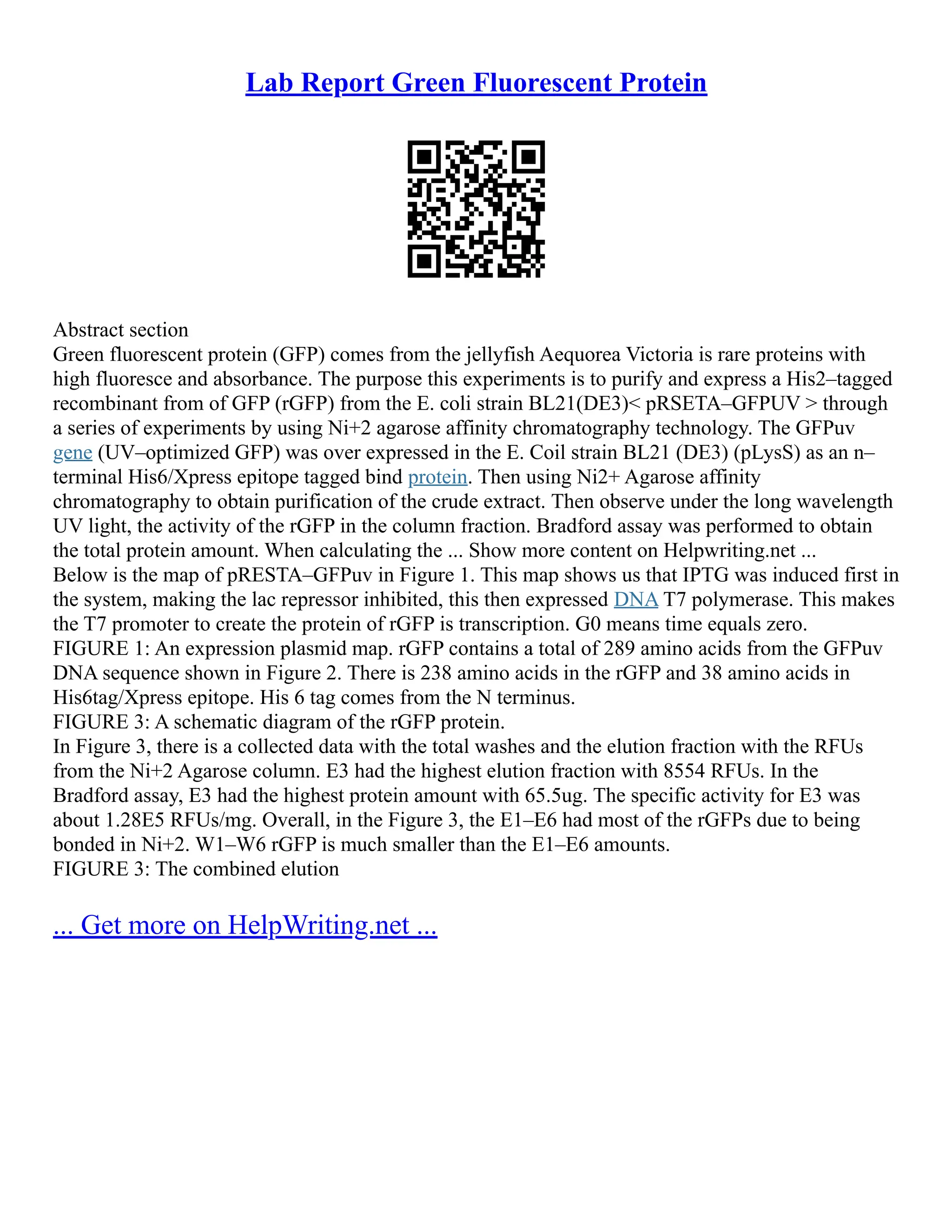 Lab Report Green Fluorescent Protein
Abstract section
Green fluorescent protein (GFP) comes from the jellyfish Aequorea Victoria is rare proteins with
high fluoresce and absorbance. The purpose this experiments is to purify and express a His2–tagged
recombinant from of GFP (rGFP) from the E. coli strain BL21(DE3)< pRSETA–GFPUV > through
a series of experiments by using Ni+2 agarose affinity chromatography technology. The GFPuv
gene (UV–optimized GFP) was over expressed in the E. Coil strain BL21 (DE3) (pLysS) as an n–
terminal His6/Xpress epitope tagged bind protein. Then using Ni2+ Agarose affinity
chromatography to obtain purification of the crude extract. Then observe under the long wavelength
UV light, the activity of the rGFP in the column fraction. Bradford assay was performed to obtain
the total protein amount. When calculating the ... Show more content on Helpwriting.net ...
Below is the map of pRESTA–GFPuv in Figure 1. This map shows us that IPTG was induced first in
the system, making the lac repressor inhibited, this then expressed DNA T7 polymerase. This makes
the T7 promoter to create the protein of rGFP is transcription. G0 means time equals zero.
FIGURE 1: An expression plasmid map. rGFP contains a total of 289 amino acids from the GFPuv
DNA sequence shown in Figure 2. There is 238 amino acids in the rGFP and 38 amino acids in
His6tag/Xpress epitope. His 6 tag comes from the N terminus.
FIGURE 3: A schematic diagram of the rGFP protein.
In Figure 3, there is a collected data with the total washes and the elution fraction with the RFUs
from the Ni+2 Agarose column. E3 had the highest elution fraction with 8554 RFUs. In the
Bradford assay, E3 had the highest protein amount with 65.5ug. The specific activity for E3 was
about 1.28E5 RFUs/mg. Overall, in the Figure 3, the E1–E6 had most of the rGFPs due to being
bonded in Ni+2. W1–W6 rGFP is much smaller than the E1–E6 amounts.
FIGURE 3: The combined elution
... Get more on HelpWriting.net ...
 