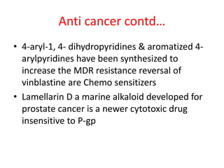Anti cancer contd…
• 4-aryl-1, 4- dihydropyridines & aromatized 4-
arylpyridines have been synthesized to
increase the MDR resistance reversal of
vinblastine are Chemo sensitizers
• Lamellarin D a marine alkaloid developed for
prostate cancer is a newer cytotoxic drug
insensitive to P-gp
 