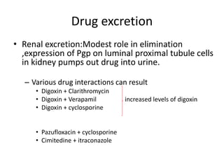 Drug excretion
• Renal excretion:Modest role in elimination
,expression of Pgp on luminal proximal tubule cells
in kidney pumps out drug into urine.
– Various drug interactions can result
• Digoxin + Clarithromycin
• Digoxin + Verapamil increased levels of digoxin
• Digoxin + cyclosporine
• Pazufloxacin + cyclosporine
• Cimitedine + itraconazole
 