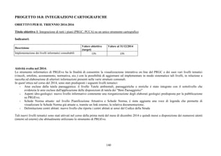 140
PROGETTO 10.8: INTEGRAZIONI CARTOGRAFICHE
OBIETTIVI PER IL TRIENNIO 2014-2016
Titolo obiettivo 1: Integrazione di tutti i piani (PRGC, PCCA) su un unico strumento cartografico
Indicatori:
Descrizione
Valore obiettivo
(target)
Valore al 31/12/2014
Implementazione dei livelli informatici consultabili ON ON
Attività svolta nel 2014:
Lo strumento informatico di PRGEvo ha la finalità di consentire la visualizzazione interattiva on line del PRGC e dei suoi vari livelli tematici
(vincoli, ortofoto, azzonamento, normativa, ecc.) con la possibilità di aggiornare ed implementare in modo sistematico tali livelli, in relazione a
raccolta ed elaborazione di ulteriori informazioni presenti nelle varie strutture comunali.
In quest’ottica nel corso del 2014, sono stati predisposti i seguenti livelli tematici:
- Aree escluse dalla tutela paesaggistica: il livello Tutele ambientali, paesaggistiche e storiche è stato integrato con il sottolivello che
evidenzia le aree escluse dall'applicazione delle disposizioni di tutela dei "Beni Paesaggistici"
- Aspetti idro-geologici: nuovo livello informativo contenente una riorganizzazione degli elaborati geologici predisposta per la pubblicazione
su PRGEvo;
- Schede Norma attuate: nel livello Pianificazione Attuativa e Schede Norma, è stata aggiunta una voce di legenda che permette di
visualizzare le Schede Norma già attuate e, tramite un link esterno, la relativa documentazione;
- Delimitazione centri abitati: nuovo livello che riporta i centri abitati ai sensi del Codice della Strada
Tali nuovi livelli tematici sono stati attivati nel corso della prima metà del mese di dicembre 2014 e quindi messi a disposizione dei numerosi utenti
(interni ed esterni) che abitualmente utilizzano lo strumento di PRGEvo.
 