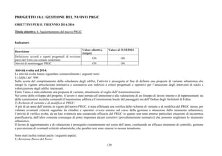 129
PROGETTO 10.1: GESTIONE DEL NUOVO PRGC
OBIETTIVI PER IL TRIENNIO 2014-2016
Titolo obiettivo 1: Aggiornamento del nuovo PRGC
Indicatori:
Descrizione
Valore obiettivo
(target)
Valore al 31/12/2014
Definizione accordi e aspetti progettuali di revisione
parco del Torre con comuni contermini
ON ON
Attività di monitoraggio PRGC ON ON
Attività svolta nel 2014:
Le attività svolte hanno riguardato sostanzialmente i seguenti temi:
1) Edifici del ‘900:
Sulla scorta del completamento della schedatura degli edifici, l’attività è proseguita al fine di definire una proposta di variante urbanistica che
integri la vigente articolazione normativa e azzonativa con indirizzi e criteri progettuali e operativi per l’attuazione degli interventi di tutela e
valorizzazione degli edifici interessati.
Entro l’anno è stata elaborata una proposta di variante, attualmente al vaglio dell’Amministrazione .
Nel corso dello sviluppo del progetto, il lavoro è stato portato all’attenzione e alla valutazione di un Gruppo di lavoro interno e di rappresentanti sia
delle commissioni tecniche comunali (Commissione edilizia e Commissione locale del paesaggio) sia dell’Ordine degli Architetti di Udine.
2) Richieste di variante e di modifica al PRGC:
A più di un anno dall’entrata in vigore del nuovo PRGC, è stata effettuata una verifica delle richieste di variante e di modifica del PRGC stesso, per
valutare eventuali criticità segnalate da cittadini e operatori ovvero emerse nel corso della gestione e attuazione dello strumento urbanistico;
l’attività di verifica svolta, da un lato evidenzia una sostanziale efficacia del PRGC in quanto non sono emerse particolari situazioni di incoerenza
pianificatoria, dall’altro consente comunque di poter impostare alcuni correttivi (prevalentemente normativi) che possono migliorare lo strumento
urbanistico.
Il lavoro di aggiornamento e di valutazione è proseguito costantemente nel corso dell’anno, costituendo un efficace strumento di controllo, gestione
e prevenzione di eventuali criticità urbanistiche, che peraltro non sono emerse in nessun tematismo.
Sono stati inoltre trattati anche i seguenti aspetti:
1) Revisione Parco del Torre:
 