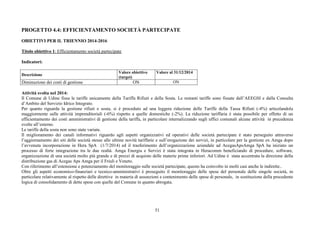 51
PROGETTO 4.4: EFFICIENTAMENTO SOCIETÀ PARTECIPATE
OBIETTIVI PER IL TRIENNIO 2014-2016
Titolo obiettivo 1: Efficientamento società partecipate
Indicatori:
Descrizione
Valore obiettivo
(target)
Valore al 31/12/2014
Diminuzione dei costi di gestione ON ON
Attività svolta nel 2014:
Il Comune di Udine fissa le tariffe unicamente della Tariffa Rifiuti e della Sosta. Le restanti tariffe sono fissate dall’AEEGSI e dalla Consulta
d’Ambito del Servizio Idrico Integrato.
Per quanto riguarda la gestione rifiuti e sosta, si è proceduto ad una leggera riduzione delle Tariffe della Tassa Rifiuti (-4%) articolandola
maggiormente sulle attività imprenditoriali (-6%) rispetto a quelle domestiche (-2%). La riduzione tariffaria è stata possibile per effetto di un
efficientamento dei costi amministrativi di gestione della tariffa, in particolare internalizzando sugli uffici comunali alcune attività in precedenza
svolte all’esterno.
Le tariffe della sosta non sono state variate.
Il miglioramento dei canali informativi riguardo agli aspetti organizzativi ed operativi delle società partecipate è stato perseguito attraverso
l’aggiornamento dei siti delle società stesse alle ultime novità tariffarie e sull’erogazione dei servizi, in particolare per la gestione ex Amga dopo
l’avvenuta incorporazione in Hera SpA (1/7/2014) ed il trasferimento dell’organizzazione aziendale ad AcegasApsAmga SpA ha iniziato un
processo di forte integrazione tra le due realtà. Amga Energia e Servizi è stata integrata in Heracomm beneficiando di procedure, software,
organizzazione di una società molto più grande e di prezzi di acquisto delle materie prime inferiori. Ad Udine è stata accentrata la direzione della
distribuzione gas di Acegas Aps Amga per il Friuli e Veneto.
Con riferimento all’estensione e potenziamento del monitoraggio sulle società partecipate, questo ha coinvolto in molti casi anche le indirette..
Oltre gli aspetti economico-finanziari e tecnico-amministrativi è proseguito il monitoraggio delle spese del personale delle singole società, in
particolare relativamente al rispetto delle direttive in materia di assunzioni e contenimento delle spese di personale, in sostituzione della precedente
logica di consolidamento di dette spese con quelle del Comune in quanto abrogata.
 