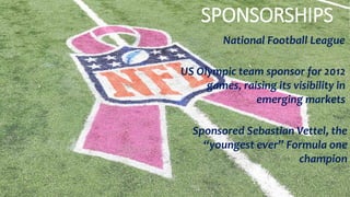 SPONSORSHIPS
National Football League
US Olympic team sponsor for 2012
games, raising its visibility in
emerging markets
Sponsored Sebastian Vettel, the
“youngest ever” Formula one
champion
 