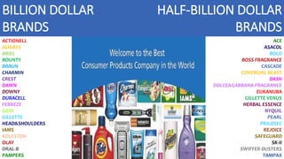 BILLION DOLLAR
BRANDS
HALF-BILLION DOLLAR
BRANDS
ACTIONELL
ALWAYS
ARIEL
BOUNTY
BRAUN
CHARMIN
CREST
DAWN
DOWNY
DURACELL
FEBREZE
GAIN
GILLETTE
HEAD&SHOULDERS
IAMS
KOLESTON
OLAY
ORAL-B
PAMPERS
ACE
ASACOL
BOLD
BOSS FRAGRANCE
CASCADE
COVERGIRL BLAST
DASH
DOLCE&GABBANA FRAGRANCE
EUKANUBA
GILLETTE VENUS
HERBAL ESSENCE
NYQUIL
PEARL
PRILOSEC
REJOICE
SAFEGUARD
SK-II
SWIFFER DUSTERS
TAMPAX
 