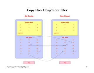 Copy User Heap/Index Files
                           Old Cluster                     New Cluster


                           System Tables                    System Tables
                   1            4          7       1             4          7

                   2            5          8       2             5          8

                   3            6          9       3             6          9

                pg_class                        pg_class


                            User Tables                      User Tables

                  10            16         22     30             36         42

                  11            17         23     31             37         43

                  12            18         24     32             18         44

                  13            19         25     33             39         45

                  14            20         26     34             40         26

                  15            21         27     35             41         47




                               clog                             clog


Rapid Upgrades With Pg-Migrator                                                  10
 