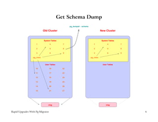 Get Schema Dump
                                                   pg_dumpall - -schema

                             Old Cluster                                             New Cluster


                             System Tables                                            System Tables

                     1            4           7                              1             4          7

                     2            5           8                              2             5          8

                     3            6           9                              3             6          9

                  pg_class                                                pg_class


                              User Tables                                              User Tables

                    10            16          22

                    11            17          23

                    12            18          24

                    13            19          25

                    14            20          26

                    15            21          27




                                 clog                                                     clog


Rapid Upgrades With Pg-Migrator                                                                           6
 