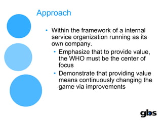 Approach Within the framework of a internal service organization running as its own company. Emphasize that to provide value, the WHO must be the center of focus Demonstrate that providing value means continuously changing the game via improvements 