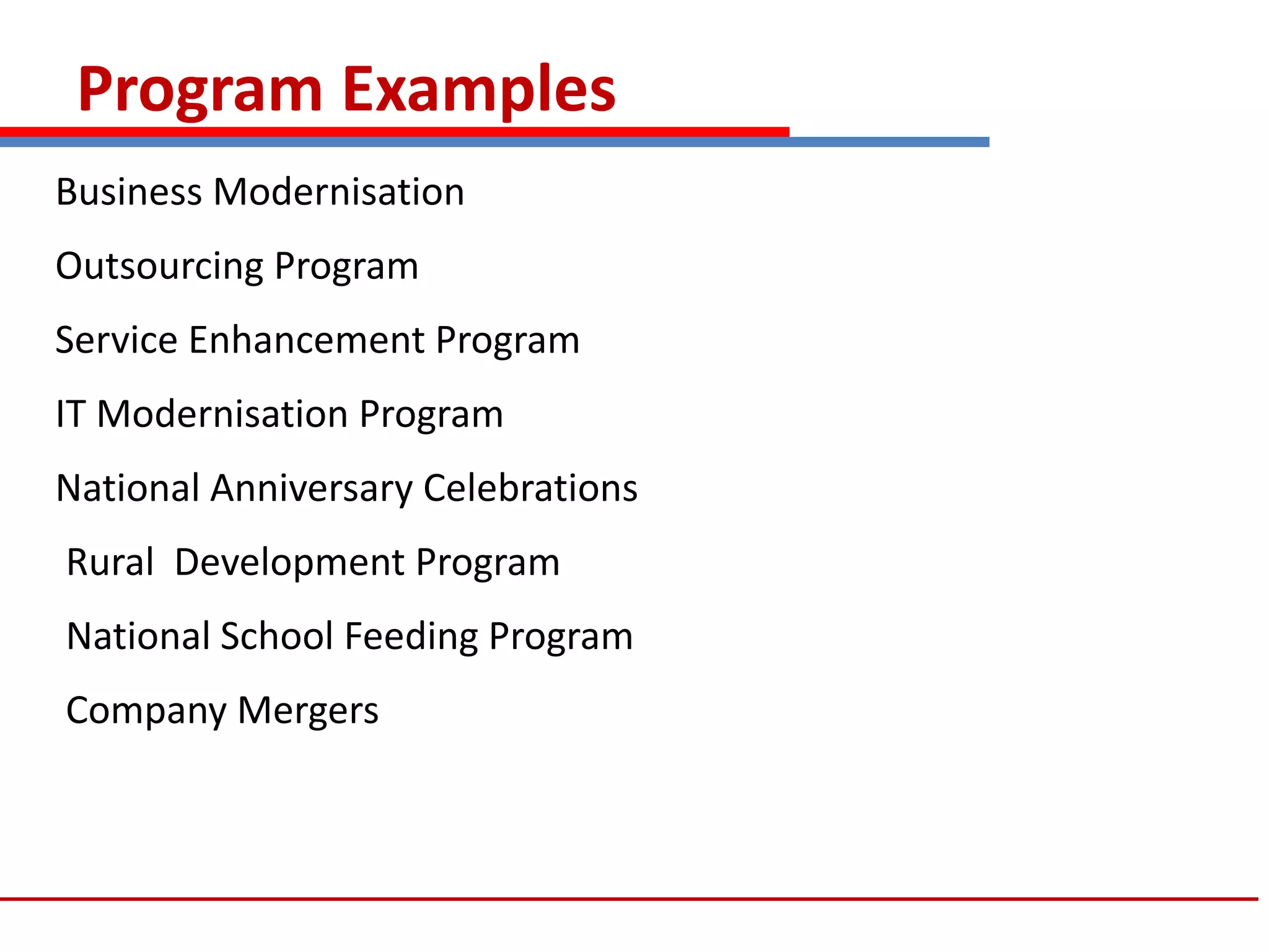 Program Examples
Business Modernisation
Outsourcing Program
Service Enhancement Program
IT Modernisation Program
National Anniversary Celebrations
Rural Development Program
National School Feeding Program
Company Mergers
 
