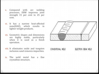 v. Compared with arc welding 
processes, EBW improves joint 
strength 15 per cent to 25 per 
cent. 
vi. It has a narrow heat-affected 
zone(HAZ), which results in 
lighter-weight products. 
vii. Geometric shapes and dimensions 
are highly stable, particularly 
when it is used as a finish 
operation. 
viii. It eliminates oxide and tungsten 
inclusion sand removes impurities. 
ix. The weld metal has a fine 
crystalline structure. 
 