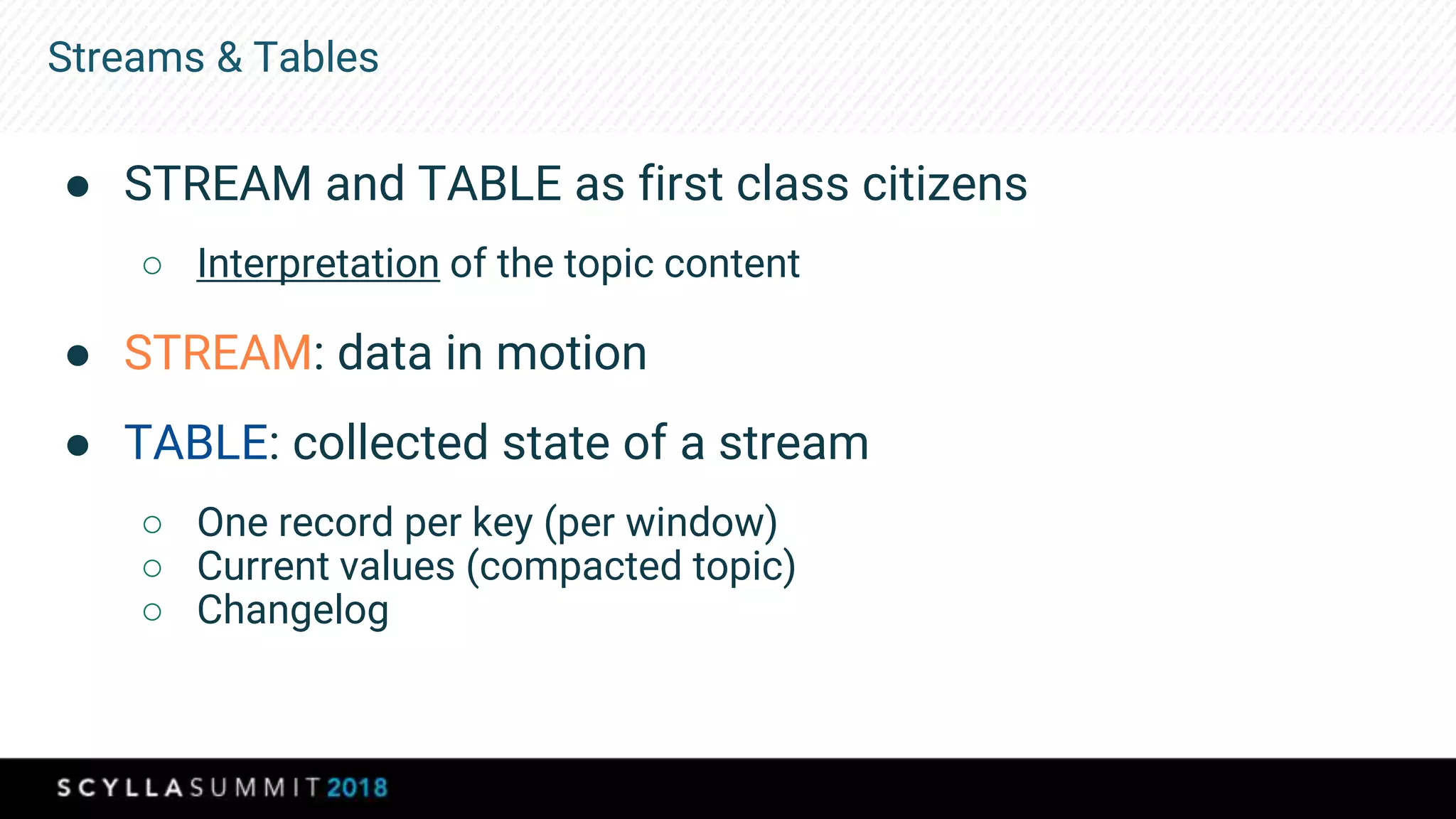 Streams & Tables
● STREAM and TABLE as first class citizens
○ Interpretation of the topic content
● STREAM: data in motion
● TABLE: collected state of a stream
○ One record per key (per window)
○ Current values (compacted topic)
○ Changelog
 