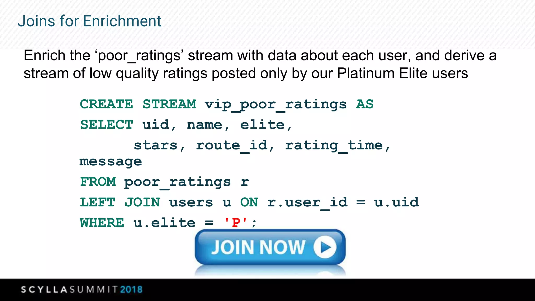 Joins for Enrichment
CREATE STREAM vip_poor_ratings AS
SELECT uid, name, elite,
stars, route_id, rating_time,
message
FROM poor_ratings r
LEFT JOIN users u ON r.user_id = u.uid
WHERE u.elite = 'P';
Enrich the ‘poor_ratings’ stream with data about each user, and derive a
stream of low quality ratings posted only by our Platinum Elite users
 