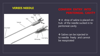  A drop of saline is placed on
hub of the needle sucked in to
peritoneal cavity
 Saline can be injected in
to needle freely and cannot
be reaspirated
CONFIRM ENTRY INTO
PERITONEAL CAVITY
VEREES NEEDLE
 