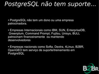PostgreSQL não tem suporte...

 ●PostgreSQL não tem um dono ou uma empresa
 patrocinadora.

 ●Empresas Internacionais como IBM, SUN, EnterpriseDB,
  Greenplum, Command Prompt, Fujitsu, Unisys, BULL
 patrocinam financeiramente ou mantendo
 desenvolvedores

 ●Empresas nacionais como Softa, Dextra, 4Linux, B2BR,
 OpenGEO tem serviço de suporte/treinamento em
 PostgreSQL
 