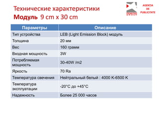 Параметры Описание
Тип устройства LEB (Light Emission Block) модуль
Толщина 20 мм
Вес 160 грамм
Входная мощность 3W
Потребляемая
мощность
30-40W /m2
Яркость 70 Ra
Температура свечения Нейтральный белый : 4000 K-6500 K
Температура
эксплуатации
-20°C до +45°C
Надежность Более 25 000 часов
Технические характеристики
Модуль 9 cm x 30 cm
 