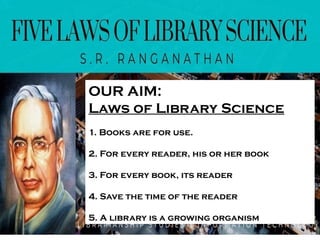 2
Dr. S. R. RANGANATHA
Father of Library & Information Science
OUR AIM:
Laws of Library Science
1. Books are for use.
2. For every reader, his or her book
3. For every book, its reader
4. Save the time of the reader
5. A library is a growing organism
 