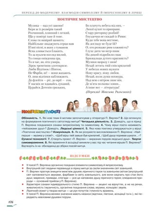 176
перехід до модернізму. Взаємодія символізму й імпресіонізму в ліриці
Поетичне мистецтво
Музика — над усі закони!
Бери ж із розмірів такий
Розчинний, плинний і легкий,
Що у повітрі тане й тоне.
Слова ти вивіряй щомить:
Найбільше знаджують серця нам
П’яні пісні, в яких з туманом
Ясна зливається блакить.
То за вуалем погляд милий,
То сонця опівденна гра,
То в час, як літо умира,
Зірок тремтіння злотокриле.
Люби Відтінок і Півтон,
Не Фарби, ні! — вони жахають.
О, лиш відтінки наближають
До флейти — ріг, до мрії — сон.
У насміх не вдавайсь лукавий,
Цурайся Дотепів гризьких,
Бо плачуть небеса від них, —
Лихої кухні то приправи.
Стару риторику розбий!
Гнуздечки не скидай із Рими:
Куди тебе вона вестиме,
Як догляду не буде їй?
О, хто розкаже рим олживість?
Глухе дитя чи негр-пияк
На дикий підробили смак
Брязкальця дутого красивість?
Музики щоразу і знов!
Нехай летить твій спів крилатий
У небесах нових шукати
Нову красу, нову любов.
Нехай, коли душа похмура,
Над нею з вітром лине він,
Де м’ята польова і кмин...
А інше все — література!
					 (Переклад Максима Рильського)
Обізнаність. 1. Які нові теми й мотиви започаткував у літературі П. Верлен? 2. Що вплинуло
на формування поетичного світогляду митця? Читацька діяльність. 3. Доведіть, що в ліриці­
П. Верлена поєдналися ознаки імпресіонізму та символізму. 4. Чому вірші поета називають
«пейзажами душі»? Доведіть. Людські цінності. 5. Яка нова поетика утверджується у вірші
«Поетичне мистецтво»? Комунікація. 6. Як ви розумієте висловлювання П. Верлена: «Най-
перше — музика у слові!», «Щоб вірш твій завше був крилатий, / Щоб душу поривав шукати…»?
Сучасні технології. 7. Створіть проект «П. Верлен — виразник порухів людської душі». Творче
самовираження. 8. Які враження й асоціації виникли у вас під час читання віршів П. Верлена?
Відтворіть їх на обкладинці до збірки поезій митця.
Підсумки
•			У поезії П. Верлена органічно поєднані елементи символізму й імпресіонізму.
•		 Внутрішній світ людини перевищує в ліриці митця за своїм значенням світ зовнішній.
•			П. Верлен прагнув знищити межі між душею ліричного героя та зовнішнім світом (внутрішній
світ наповнюється звуками, фарбами із світу зовнішнього, але вони свідчать про стан його
душі; марення, привиди, спогади — усе це наповнює душу ліричного героя; олюднення при-
роди — основний прийом у П. Верлена).
•			Характерні ознаки індивідуального стилю П. Верлена — акцент на відчуттях, а не на речах,
живописність і музичність, органічне поєднання слова, музики, кольорів і звуків.
•		 Ліричний сюжет у творах митця — це рух почуттів і плинність вражень.
•			У поезії П. Верлена велике значення мають нюанси (відтінки, півтони, асоціації та ін.), які пе-
редають невловимі душевні порухи.
Право для безоплатного розміщення підручника в мережі Інтернет має
Міністерство освіти і науки України http://mon.gov.ua/ та Інститут модернізації змісту освіти https://imzo.gov.ua
 