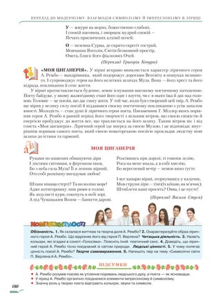180
перехід до модернізму. Взаємодія символізму й імпресіонізму в ліриці
У — жмури на морях, божественно глибокі,
І спокій пасовищ, і зморщок мудрий спокій —
Печать присвячених алхімії ночей;
О — неземна Сурма, де скрито скрегіт гострий,
Мовчання Янголів, Світів безмовний простір,
Омега, блиск його фіалкових Очей.
(Переклад Григорія Кочура)
«МОЯ ЦИГАНЕРІЯ». У вірші яскраво виявляється характер ліричного героя
А. Рембо — мандрівника, який подорожує дорогами Всесвіту в пошуках незнано-
го. І супроводжує героя на його нелегких шляхах Муза. Вона — його хрест та його
відрада, покликання й сенс життя.
У вірші протиставляється буденне, земне існування високому поетичному натхненню.
Поету байдуже, у якому жалюгідному стані його одяг і взуття, чи є в нього їжа й дах над голо-
вою. Головне — це поезія, що дає снагу жити. У той час, коли був створений цей твір, А. Рембо
ще вірив у велику силу поезії й віддавався своєму поетичному покликанню з усім запалом
юності. Молодість — стан душі й ліричного героя поета. Письменник Г. Міллер якось порів-
няв героя А. Рембо в ранній період його творчості з вільним вітром, що своєю свіжістю й
енергією пробуджує до життя все, що трапляється на його шляху. Таким вітром віє і від
сонета «Моя циганерія». Ліричний герой іде вперед за своєю Музою, і це відповідає внут­
рішнім поривам самого поета, який своєю новаторською поезією прокладав людству нові
шляхи до істини та гармонії.
Моя циганерія
Руками по кишенях обмацуючи діри
І ліктями світивши, я фертиком ішов,
Бо з неба сяла Муза! Її я ленник вірний,
Ото собі розкішну вигадував любов!
Штани нінащо стерті? Та по коліно море!
Адже котигорошку лиш рими в голові.
Як зозулясті кури, сокочуть в небі зорі,
А під Чумацьким Возом — банкети дарові.
Розсівшись при дорозі, ті гомони лелію,
Роса на мене впала, а я собі хмелію,
Бо вересневий вечір — немов вино густе.
І все капарю вірші, згорнувшись у калачик,
Мовструниліри—тіні(їхкопаю,якм’ячик).
Штиблети каші просять? Овва, і це пусте!
Обізнаність. 1. Як склалася життєва та творча доля А. Рембо? 2. Охарактеризуйте образ лірич-
ного героя А. Рембо. Що відрізняє його від героя П. Верлена? Читацька діяльність. 3. Назвіть
кольори, які згадані в сонеті «Голосівки». Поясніть їхній поетичний сенс. 4. Доведіть, що лірич-
ний герой А. Рембо тісно поєднаний зі світом природи. Людські цінності. 5. У чому полягає
цінність поезії А. Рембо? Творче самовираження. 6. Напишіть твір на тему «Символічні світи
П. Верлена й А. Рембо».
Підсумки
• А. Рембо розумів поезію як утілення поривань людського духу, а поета — як ясновидця.
• У ліриці А. Рембо органічно поєдналися елементи імпресіонізму й символізму.
• Значну роль у творах поета відіграють кольори, звуки та символи.
(Переклад Василя Стуса)
Право для безоплатного розміщення підручника в мережі Інтернет має
Міністерство освіти і науки України http://mon.gov.ua/ та Інститут модернізації змісту освіти https://imzo.gov.ua
 