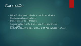 Conclusão
 Utilização de esquema de chaves públicas e privadas
 Confiança mútua entre clientes
 Encadeamento de codificações
 Interoperabilidade entre diversos algoritmos amplamente
conhecidos
(LZ78, RSA, IDEIA, DAS, ElGamal, SHA, CAST, AES, TripleDES, Twofish...)
 