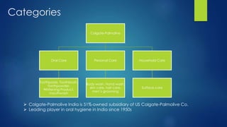 Colgate-Palmolive
Oral Care
Toothpaste, Toothbrush,
Toothpowder,
Whitening Product,
mouthwash
Personal Care
Body wash, Hand wash,
skin care, hair care,
men’s grooming
Household Care
Surface care
 Colgate-Palmolive India is 51%-owned subsidiary of US Colgate-Palmolive Co.
 Leading player in oral hygiene in India since 1950s
Categories
 